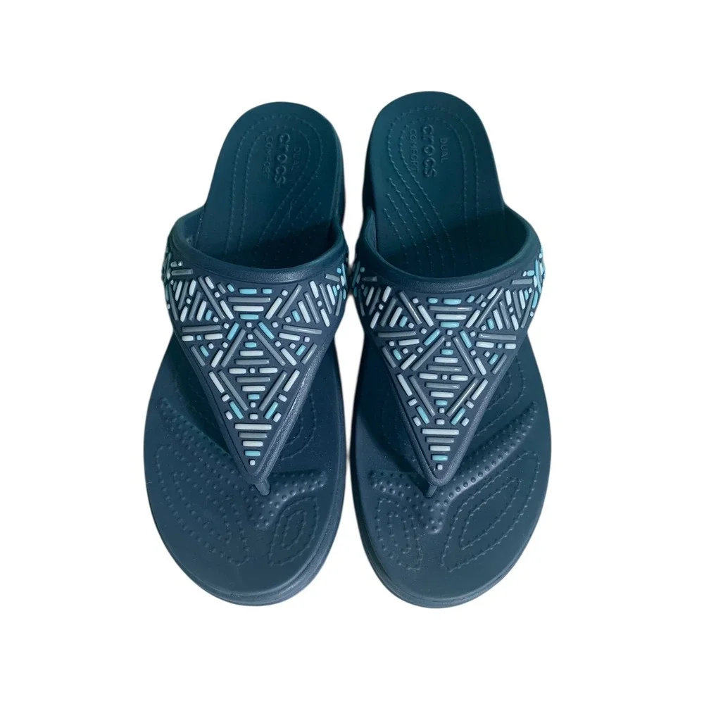 Crocs Wedge Sandals Womens 11 Blue Monterey Diamante Flip Flops Thong Beaded